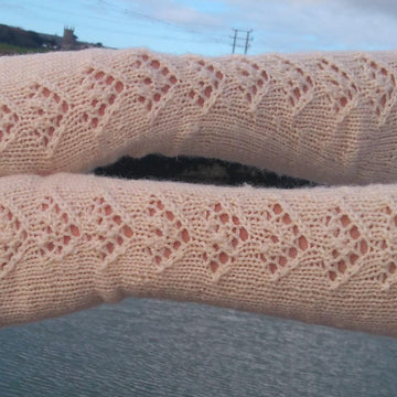 Ladies long fingerless lace and cabled mittens