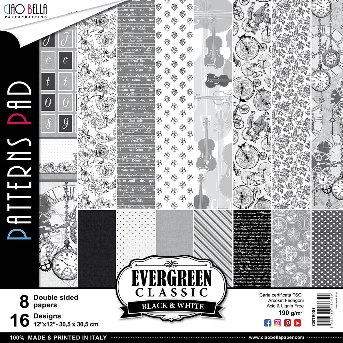 Ciao Bella Evergreen Cardstock Collection 12"X12" 8/Pkg - Black & White