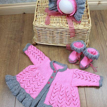 Knitting Pattern For Ruffled Edged Matinee Jacket, Bootees & Bonnet #188
