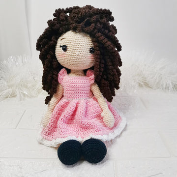 Curly Hair Doll in Pink Dress Amigurumi