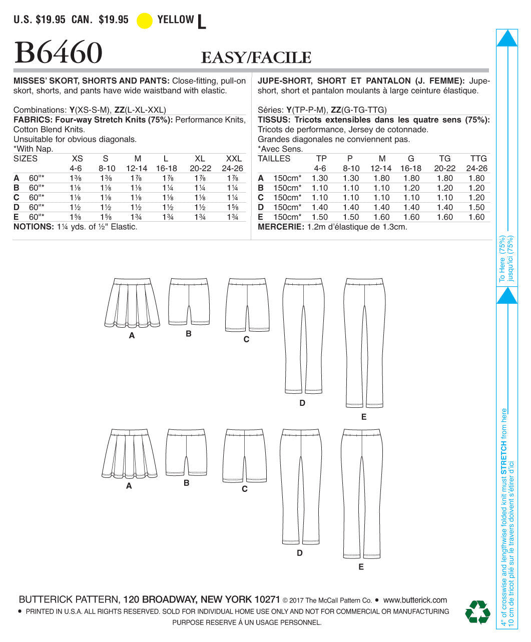 Butterick Misses' Pleated Skort, and Pull-On Shorts and Pants B6460 - Sewing Pattern