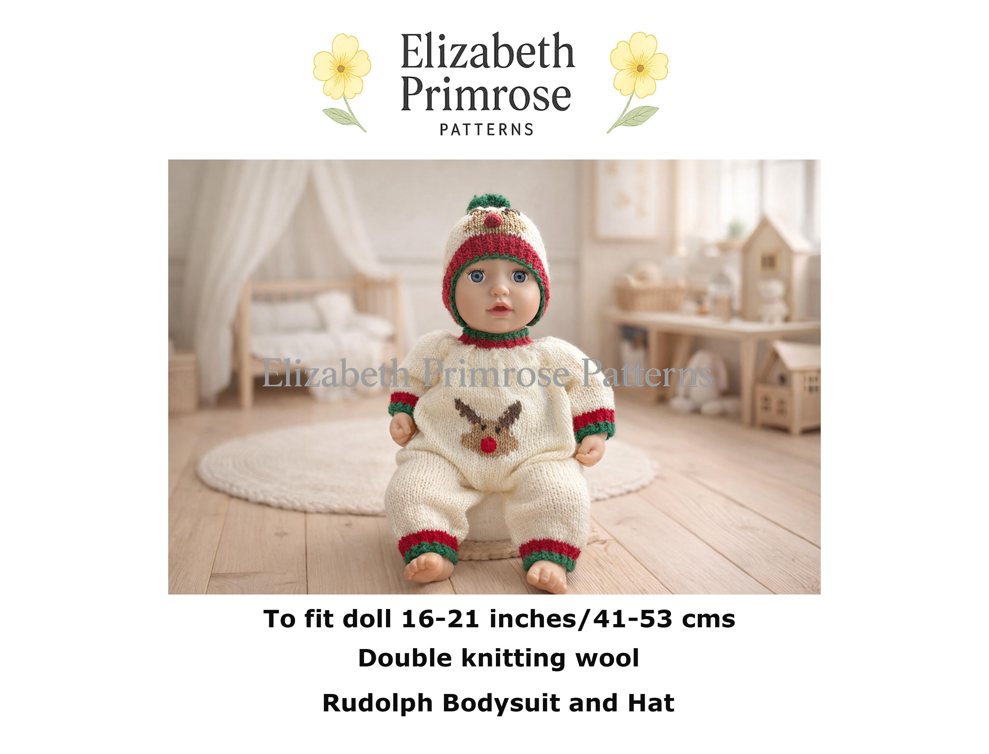Rudolph Doll Bodysuit and Hat Knitting Pattern P138 – Elizabeth Primrose Patterns
