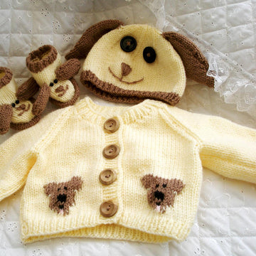 Baby Knitting Pattern Dog Cardigan Hat Boots Reborn Doll 0-3 Month Baby