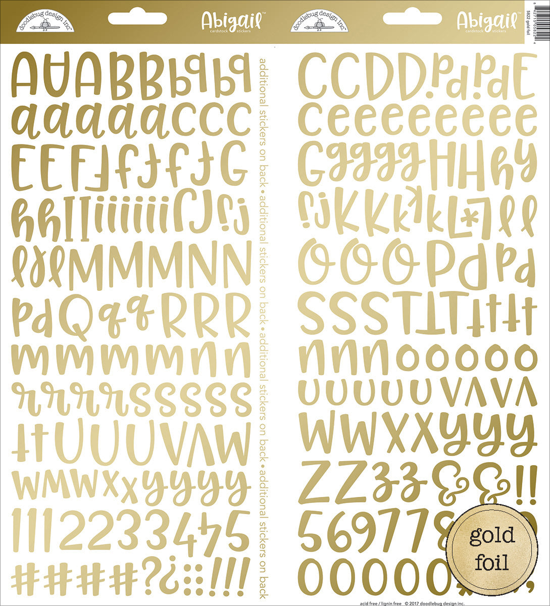 Doodlebug Abigail Font Foiled Cardstock Alpha Stickers 6"X13" 2/Pkg - Gold