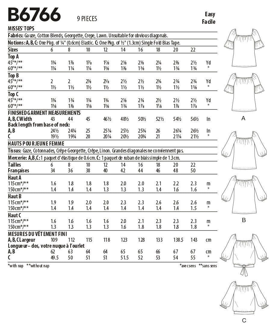 Butterick Misses' Tops B6766 - Sewing Pattern