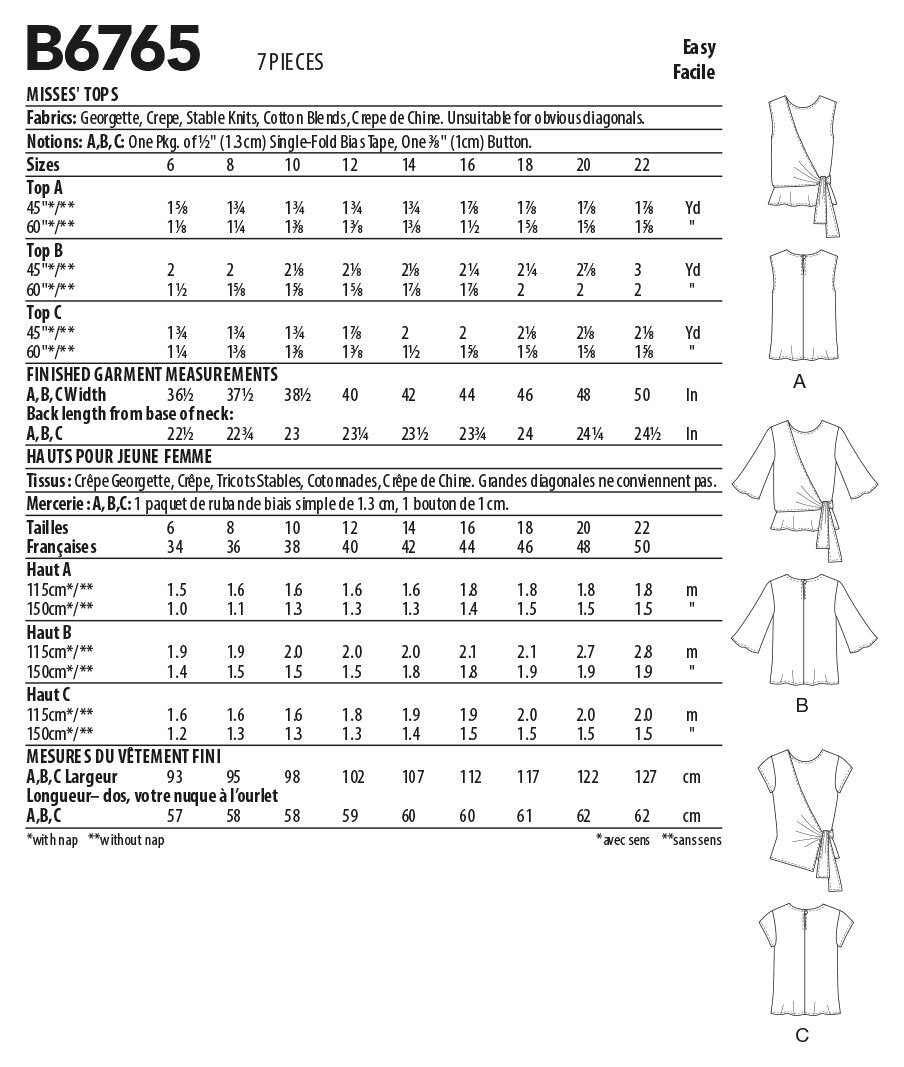 Butterick Misses' Tops B6765 - Sewing Pattern