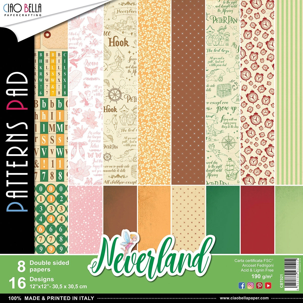 Ciao Bella Double-Sided Paper Pack 90lb 12"X12" 8/Pkg - Neverland, 8 Designs/1 Each