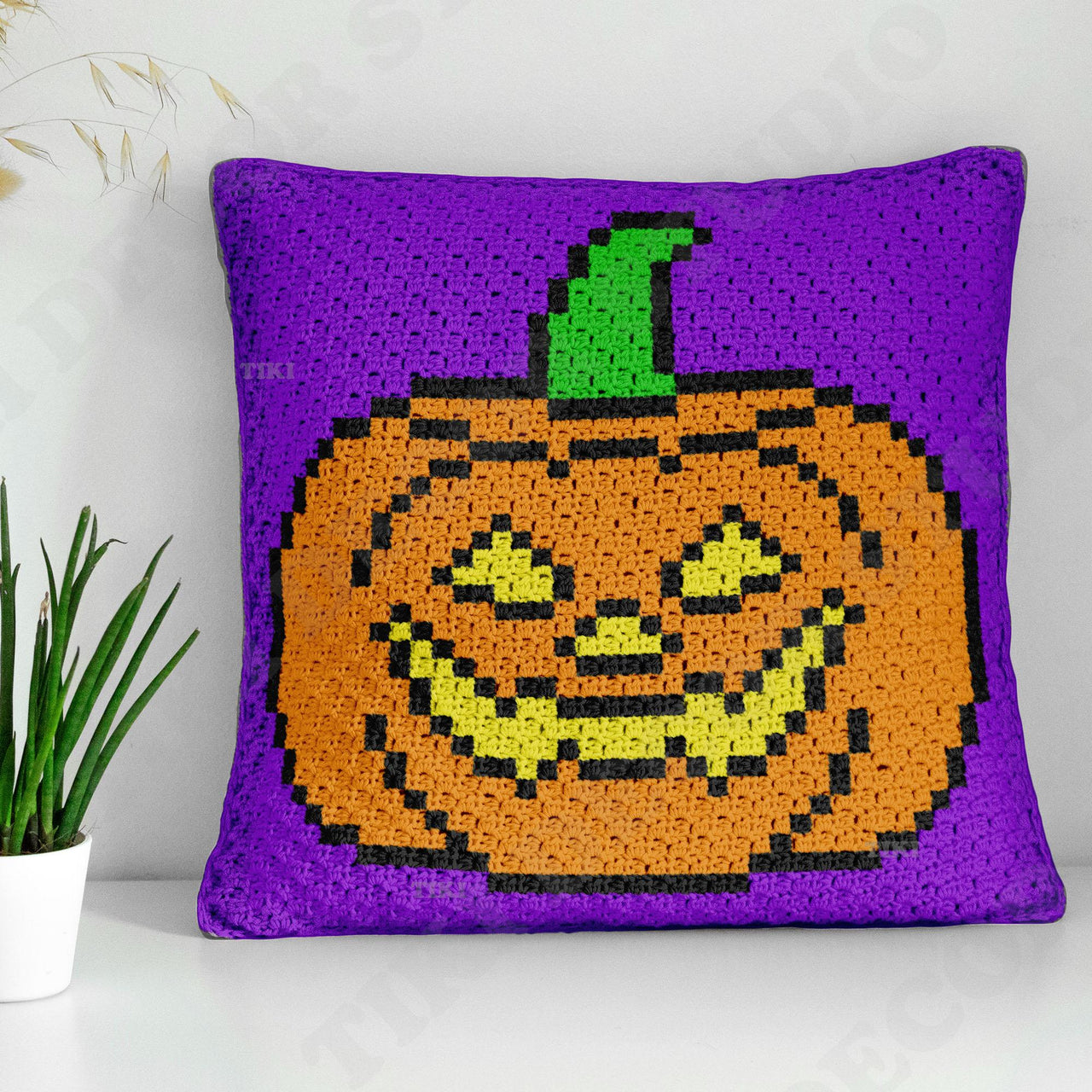 Pumpkin Pillow All Saints' Eve Orange Halloween Cushion Diagonal Crochet Pattern Mini-C2C