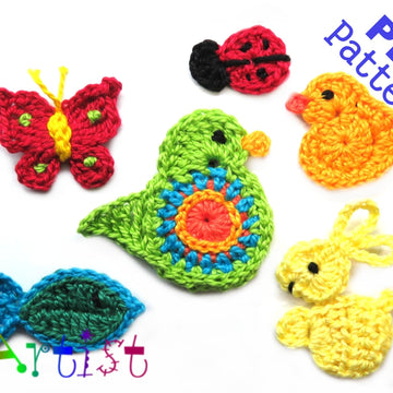 Set 1 Bird Ladybug Bunny Butterfly Chick Fish Crochet Pattern applique