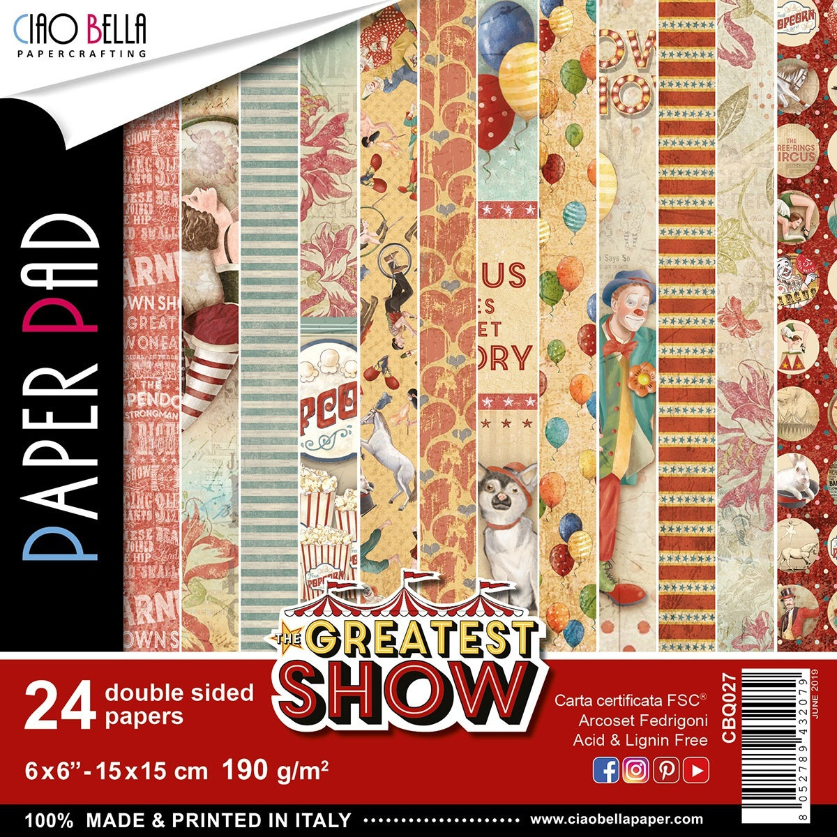 Ciao Bella Double-Sided Paper Pack 90lb 6"X6" 24/Pkg - The Greatest Show, 12 Designs/2 Each