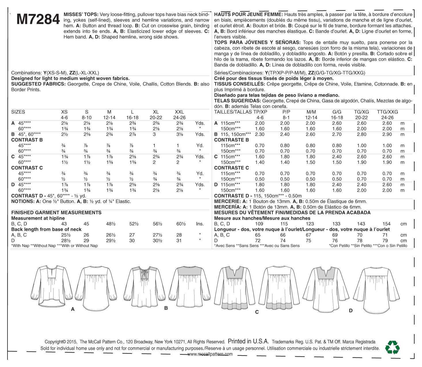 McCall's Misses' Tops M7284 - Sewing Pattern