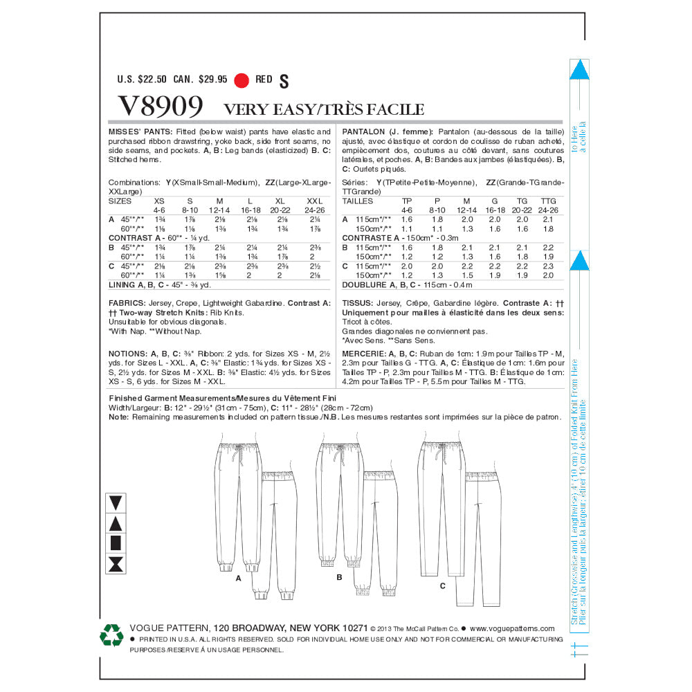 Vogue Misses' Pants V8909 - Sewing Pattern
