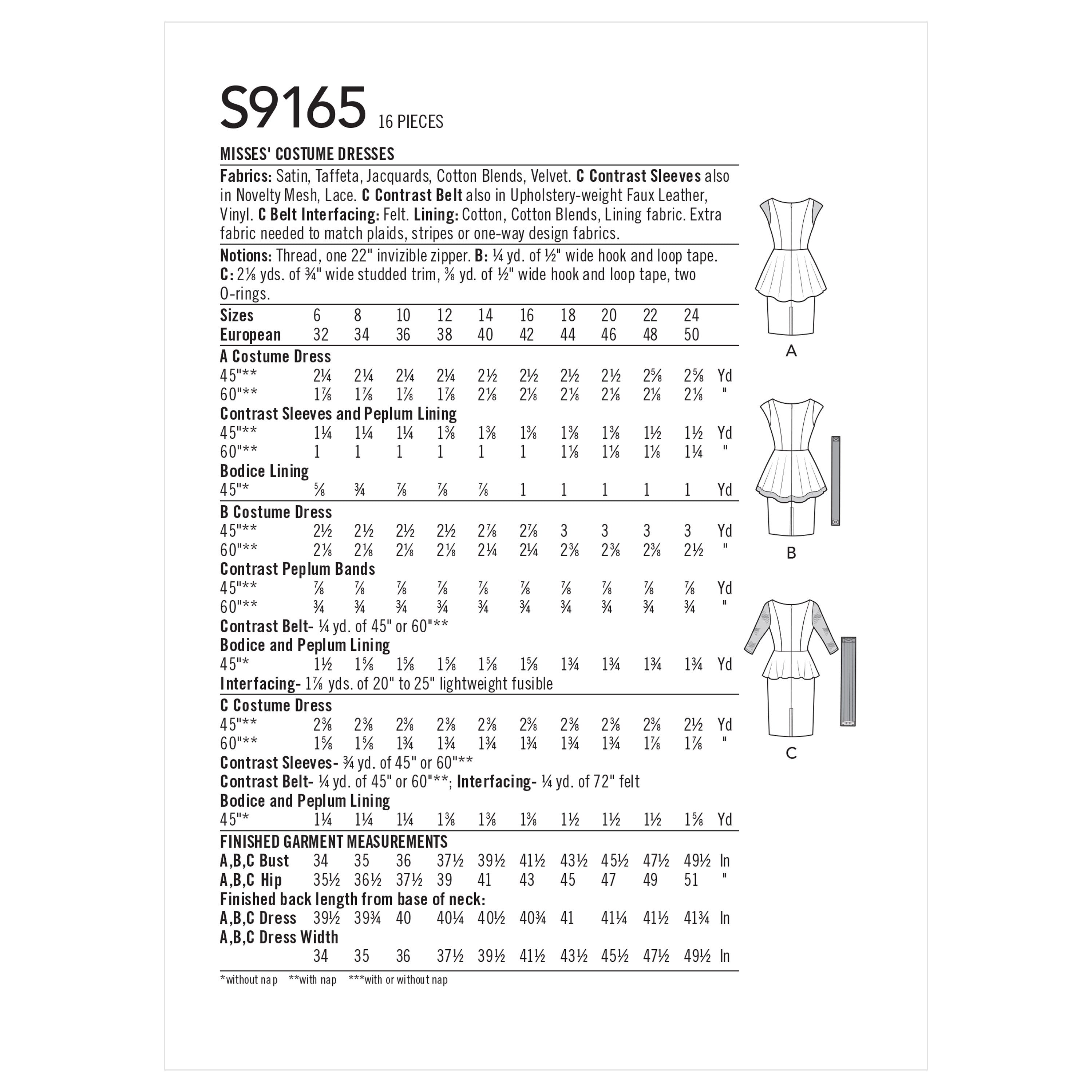 Simplicity Misses' Costumes Dress S9165 - Sewing Pattern