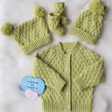 Harper unisex baby knitting pattern cardigan, 2 hats and booties 0-6mths