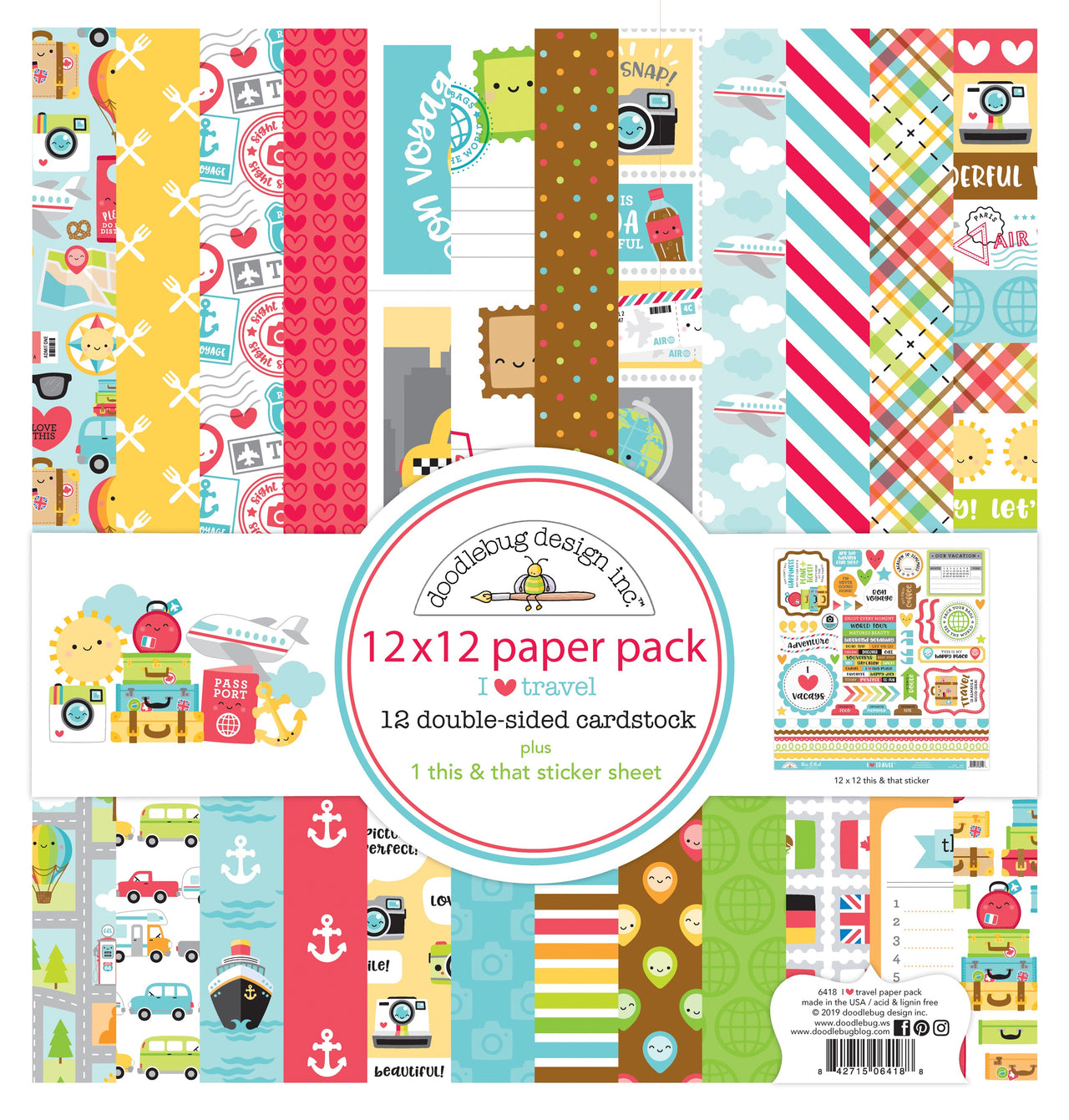 Doodlebug Double-Sided Paper Pack 12"X12" 12/Pkg - I Heart Travel