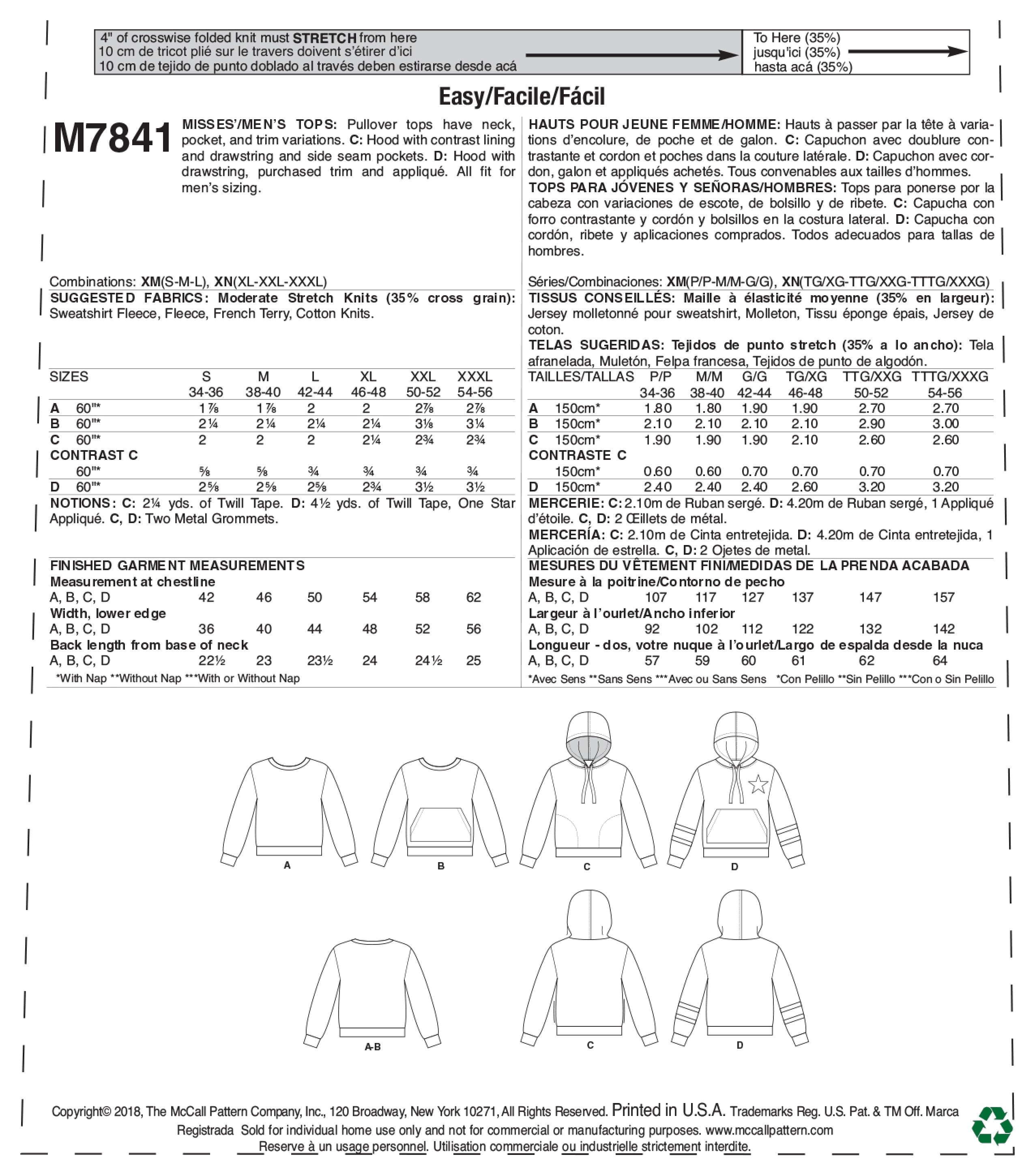 McCall's Misses' and Mens Tops M7841 - Sewing Pattern