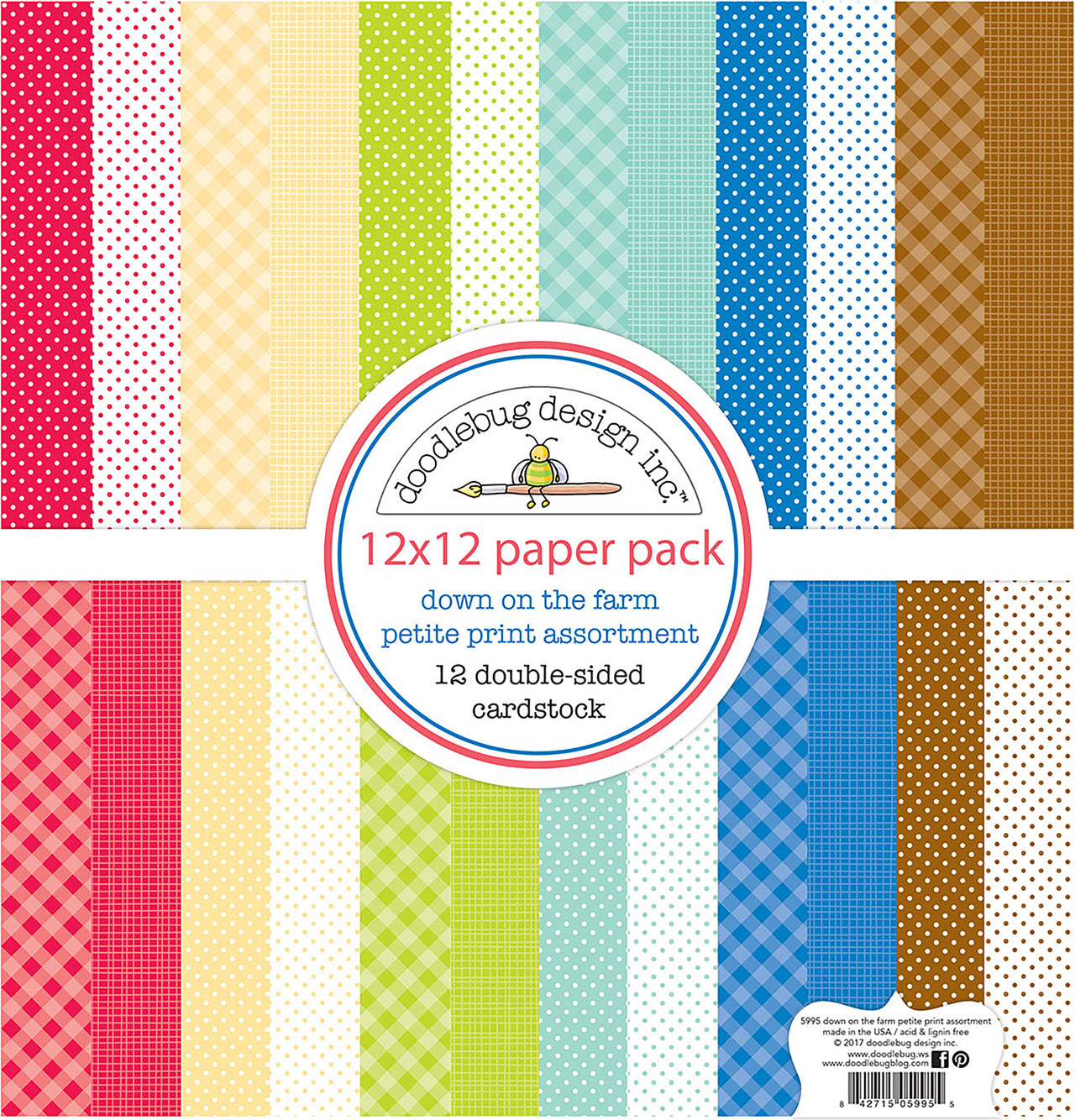 Doodlebug Petite Prints Double-Sided Cardstock 12"X12" 12/Pk - Down On The Farm, 12 Designs/1 Each