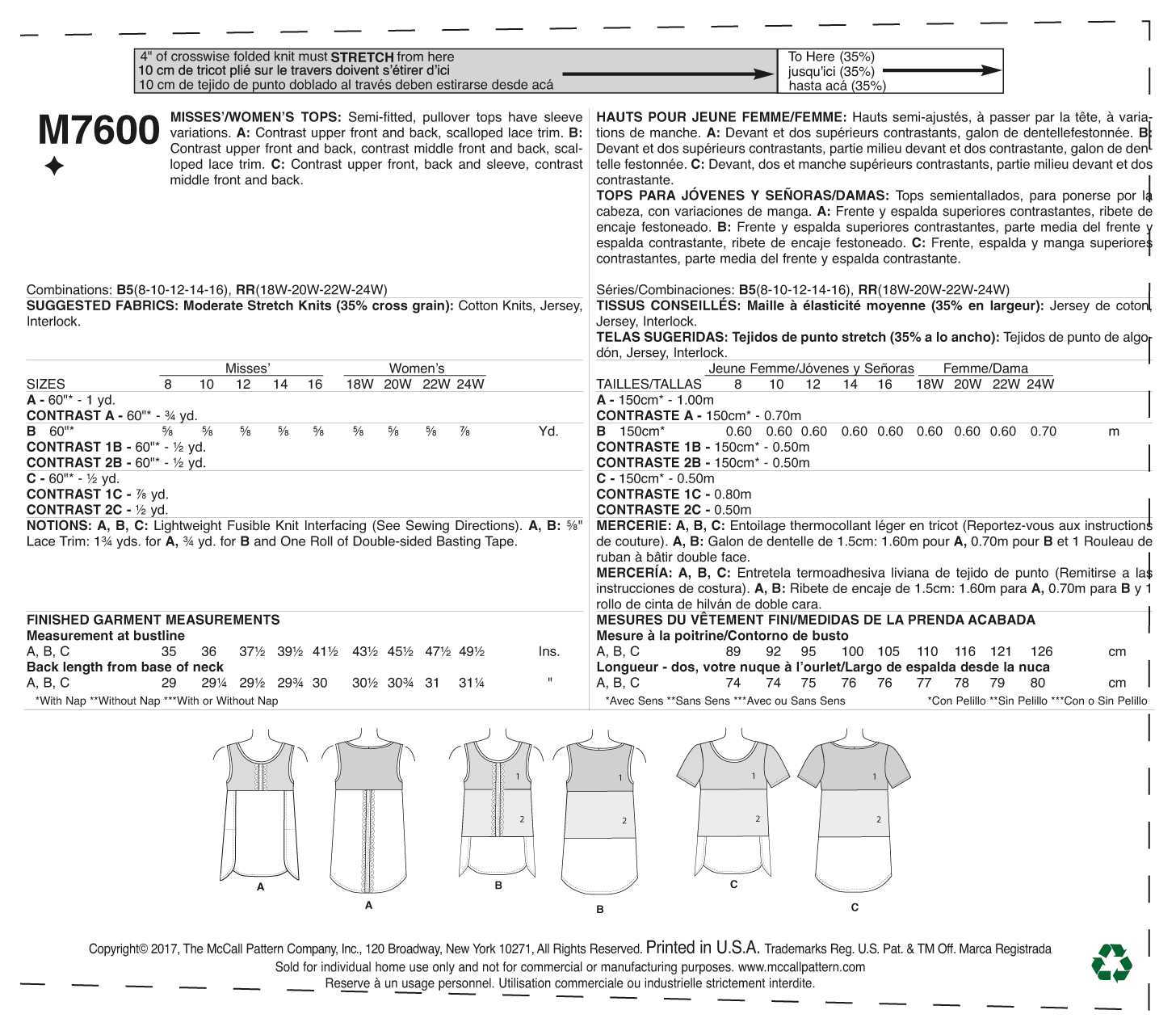 McCall's Misses'/Women's Pullover Tops with Contrast and Sleeve Variations M7600 - Sewing Pattern