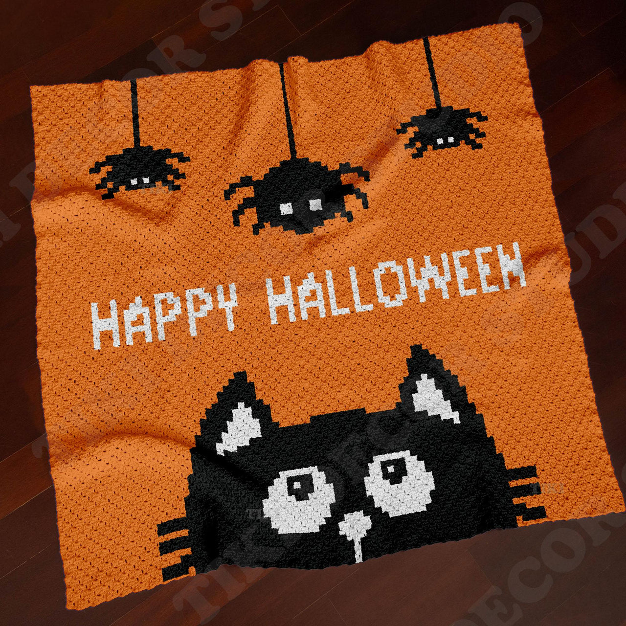 Happy Halloween Orange Blanket Black Cat Face & Spiders Throw C2C CROCHET PATTERN