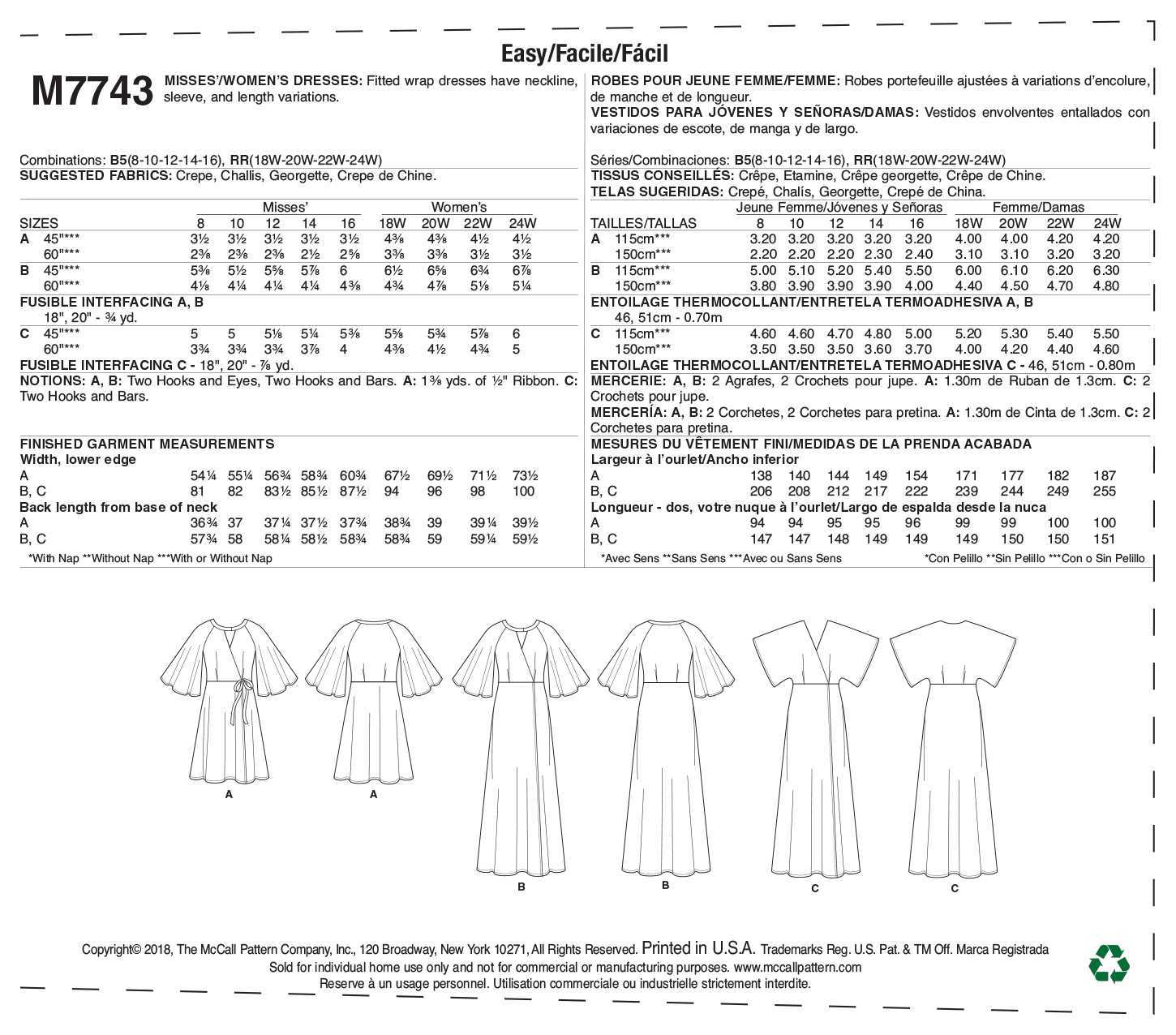 McCall's Misses'/Women's Wrap Dresses M7743 - Sewing Pattern