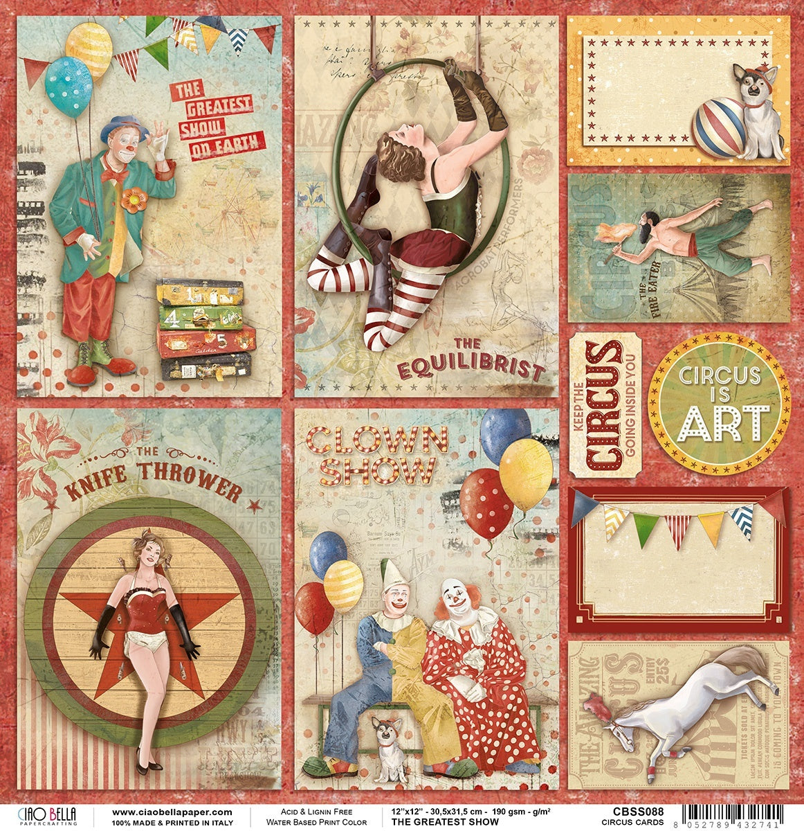 Ciao Bella Double-Sided Cardstock 90lb 12"X12" 12/Pkg - Circus Cards, The Greatest Show