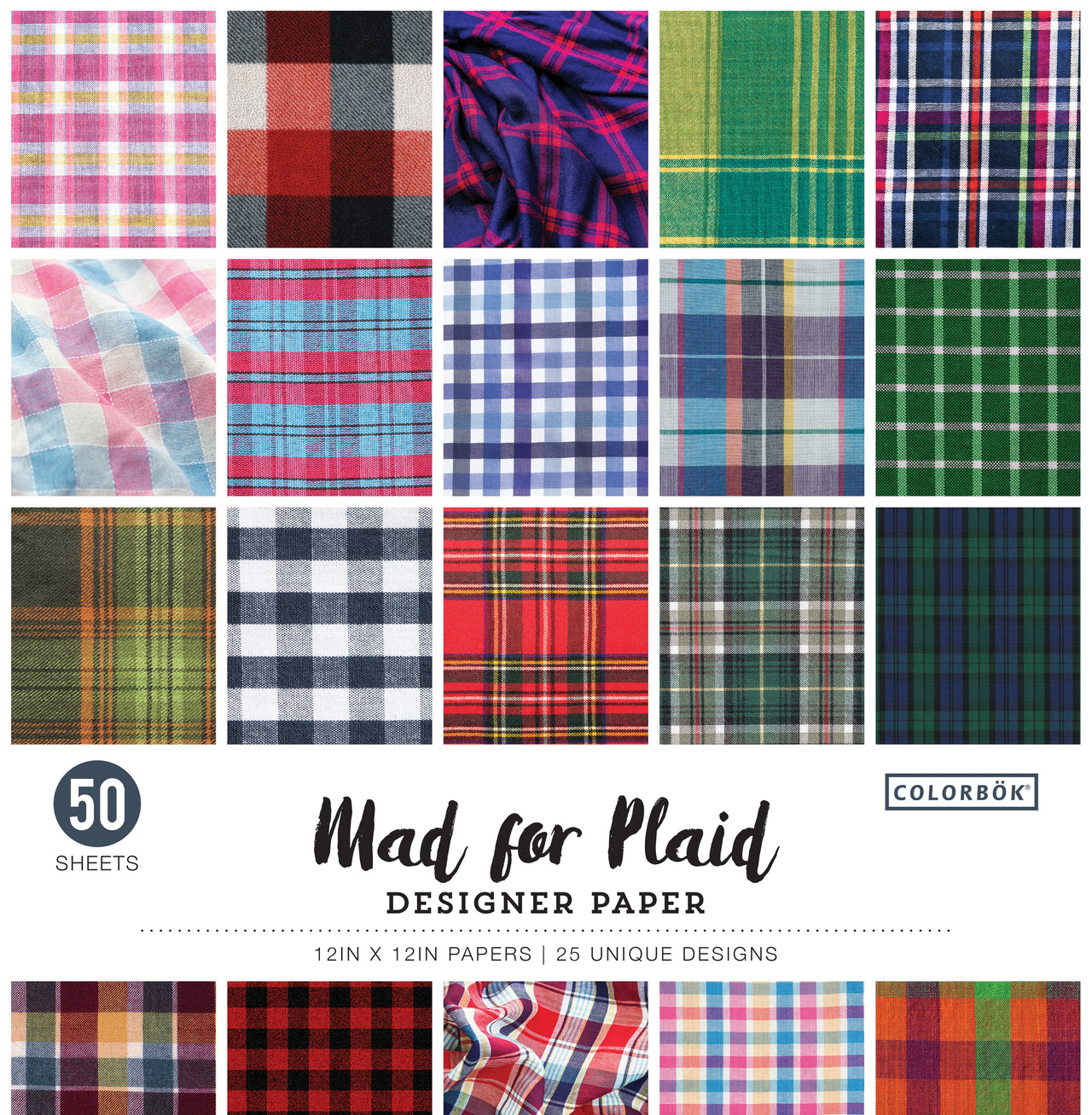 American Crafts Colorbok 68lb Designer Single-Sided Paper 12"X12" 50/Pkg - Mad For Plaid, 25 Designs/2 Each