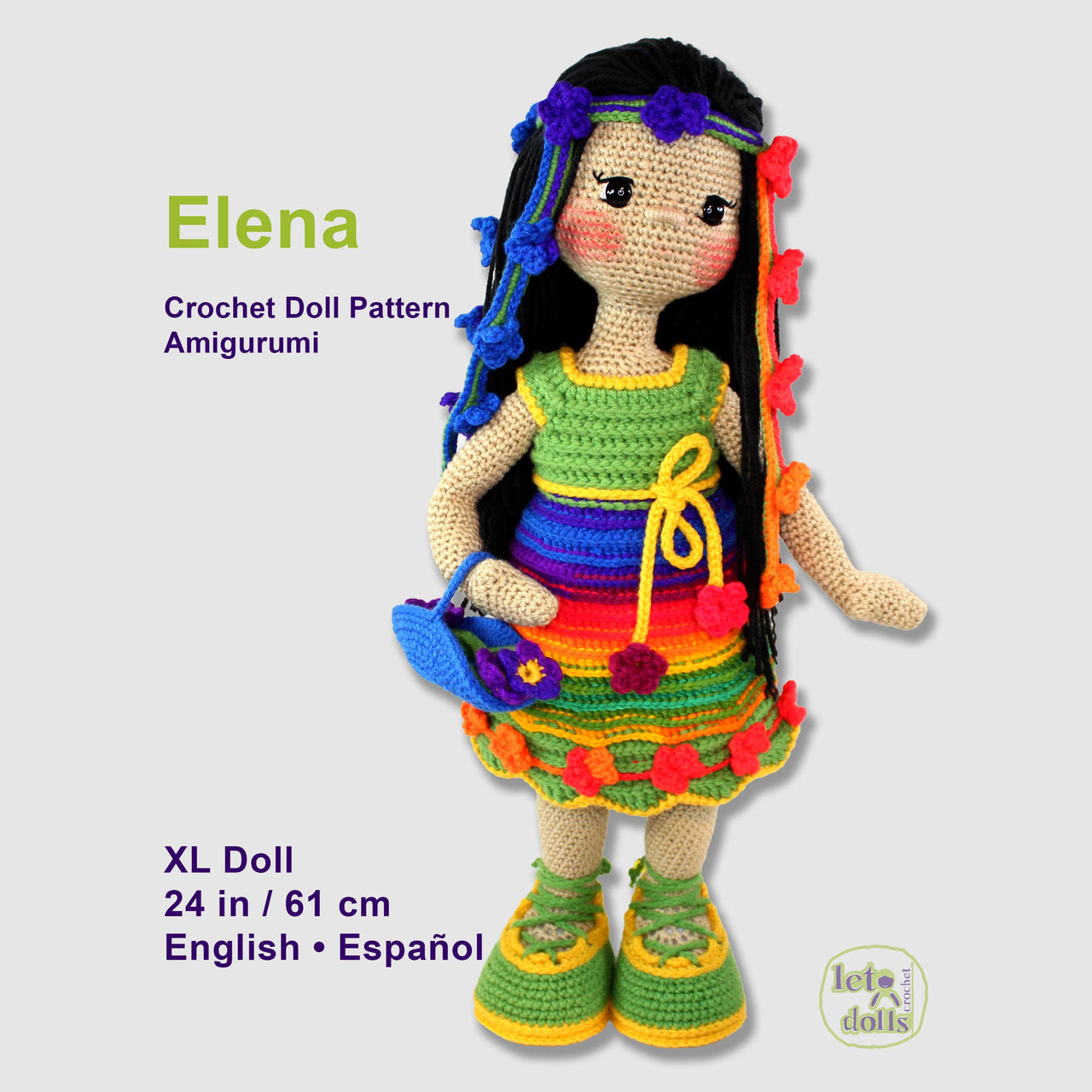 24 inch crochet doll pattern PDF, XL amigurumi doll, Elena