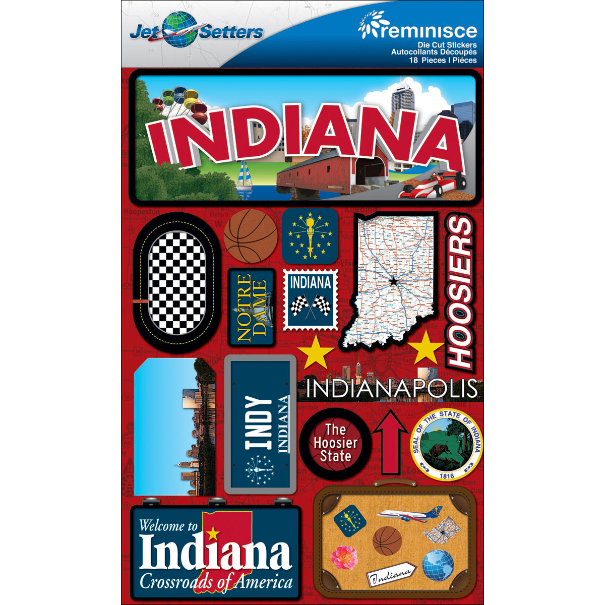 Reminisce Jet Setters State Dimensional Stickers 4.5"X7.5" - Indiana