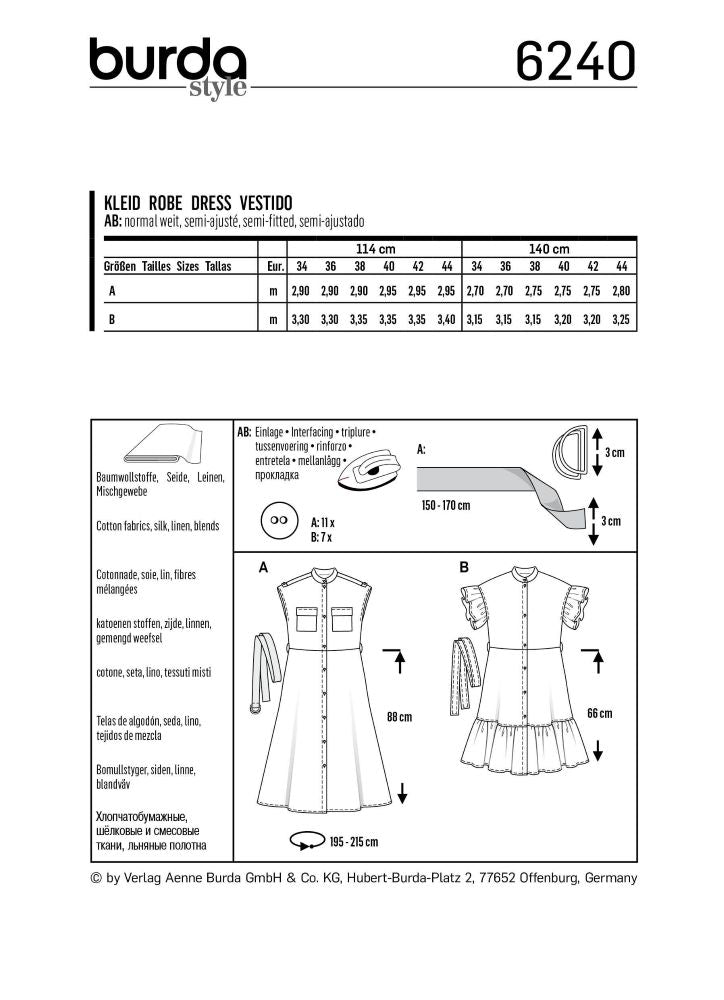 Burda Style Misses' Dress with Button Fastening – Stand Collar – Frills B6240 - Paper Pattern, Size 8-18