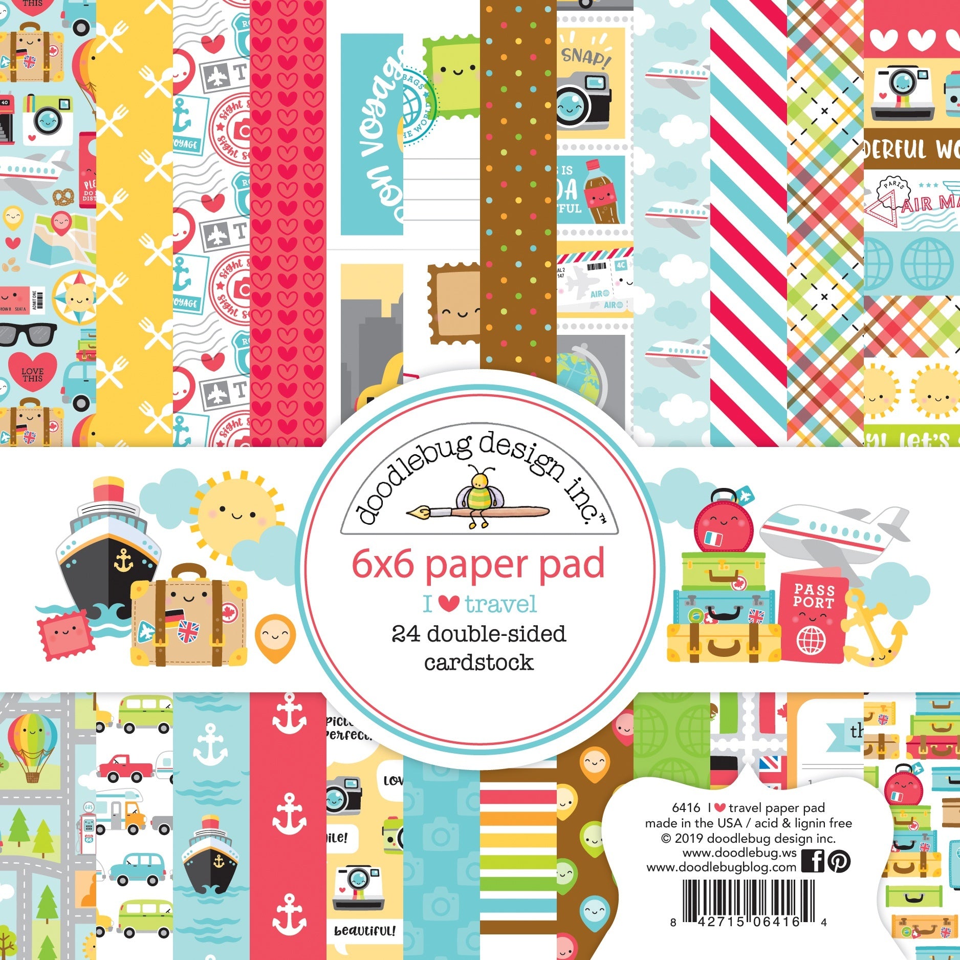 Doodlebug Double-Sided Paper Pad 6"X6" 24/Pkg - I Heart Travel, 12 Designs/2 Each
