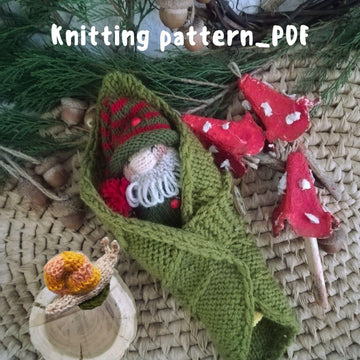 Forest Gnome Knitting Pattern – Soft Toy with Leaf Bed and Snail, beginners knit