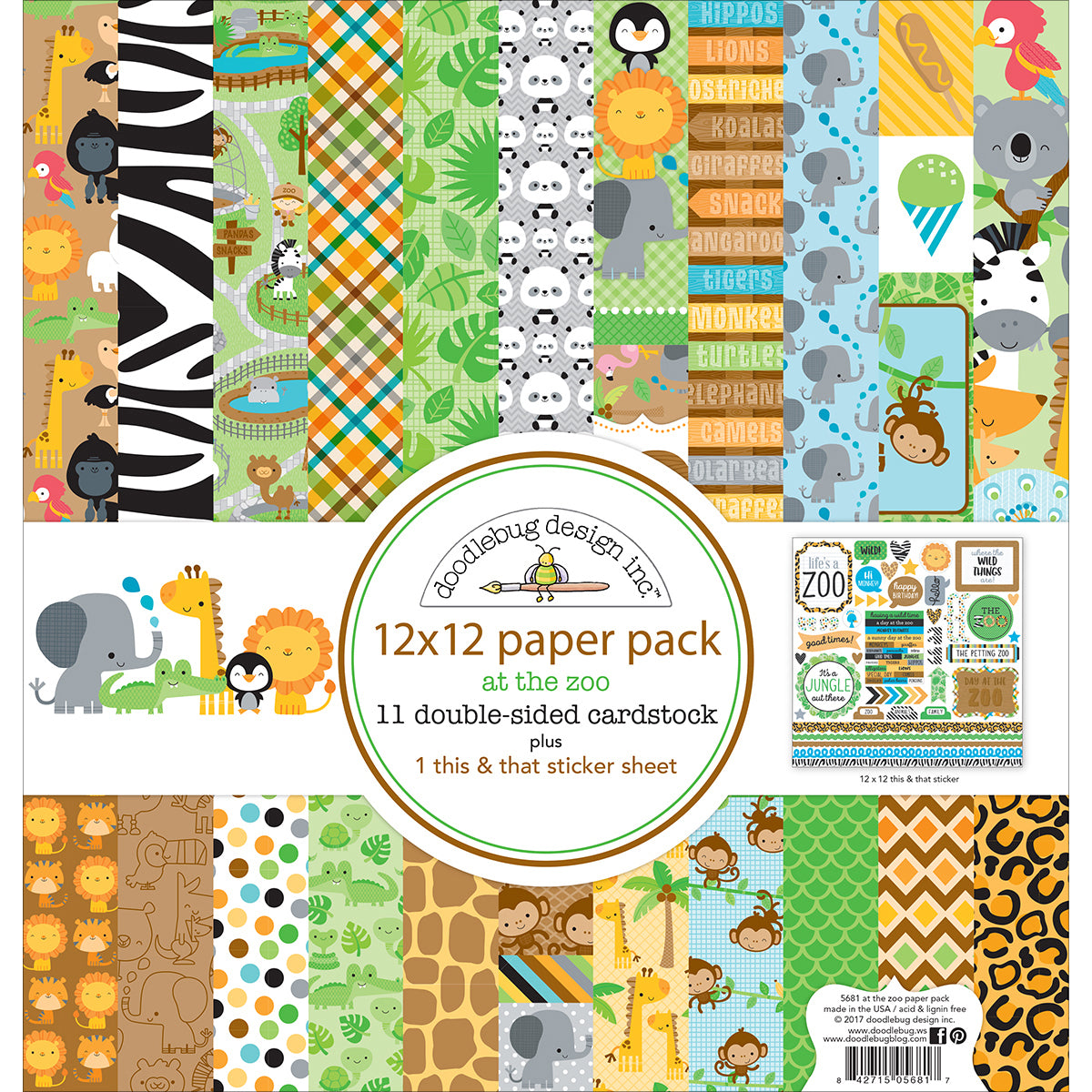 Doodlebug Double-Sided Paper Pack 12"X12" 12/Pkg - At The Zoo