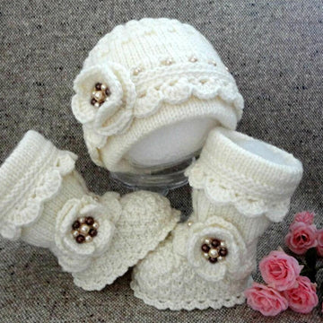 Knitting PATTERN Baby Girl Baby Hat and Booties with Flowers