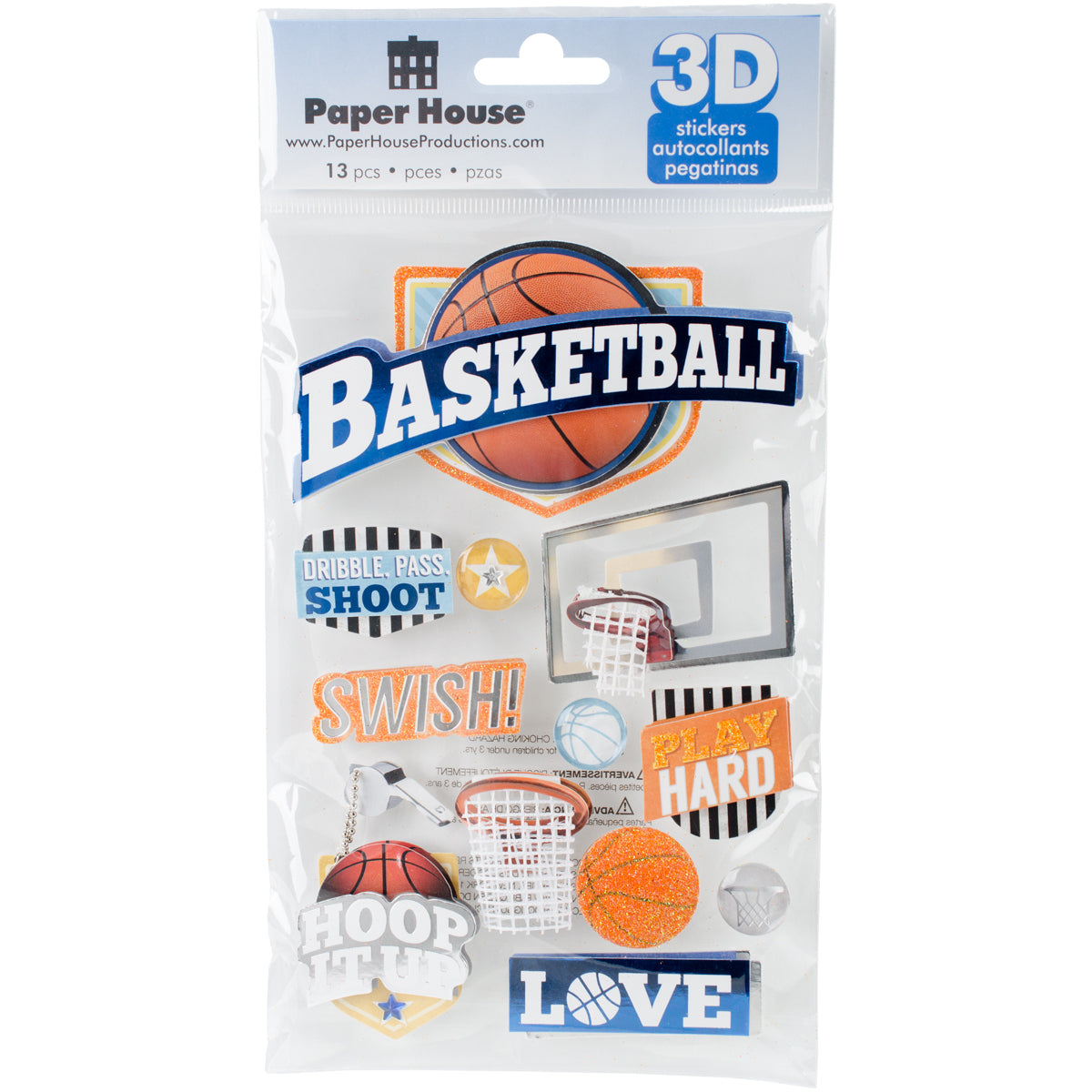 Paper House 3D Stickers 4.5"X7.5" - Basketball Swish