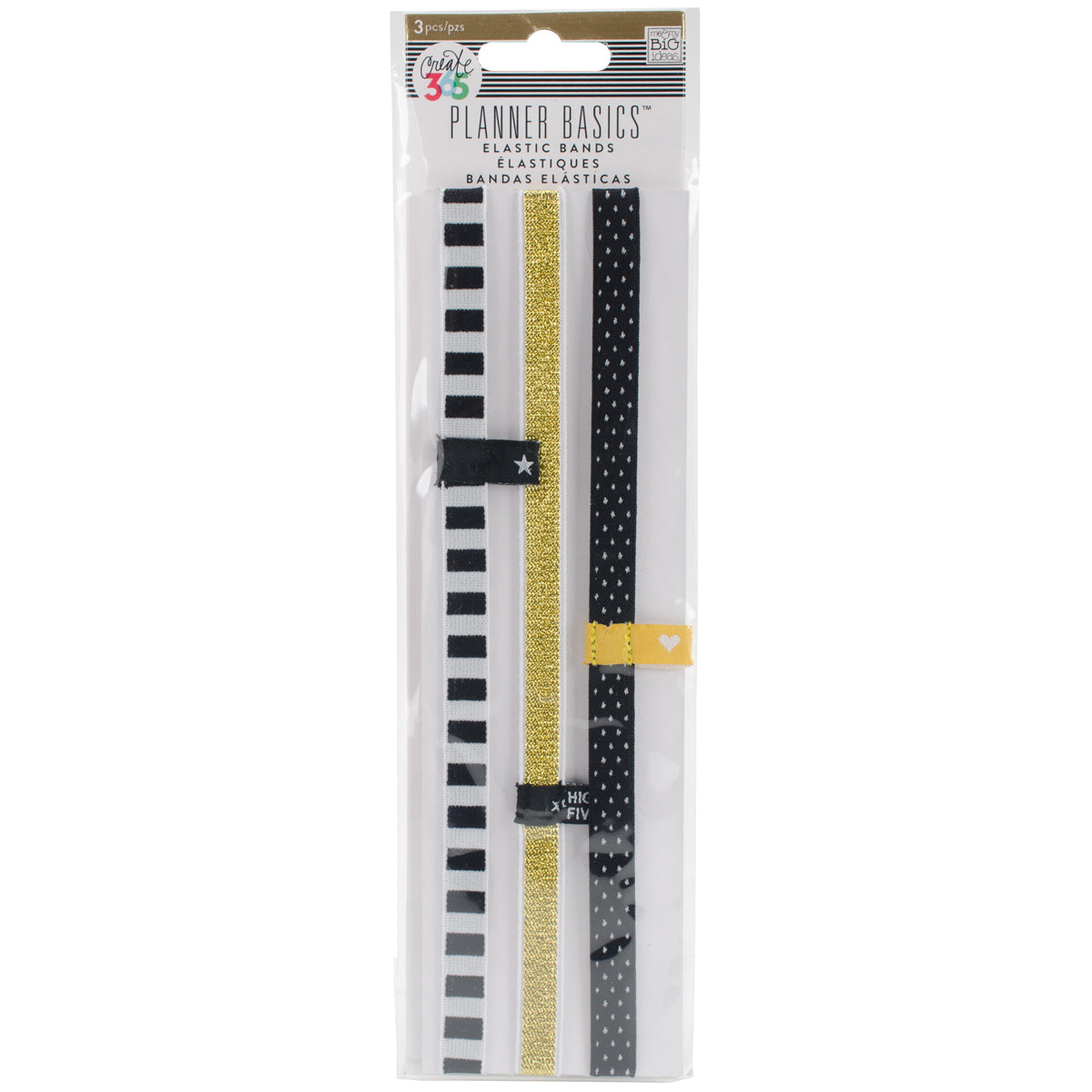 Happy Planner Elastic Bands 3/Pkg - Black/White, Gold, Black W/Dots