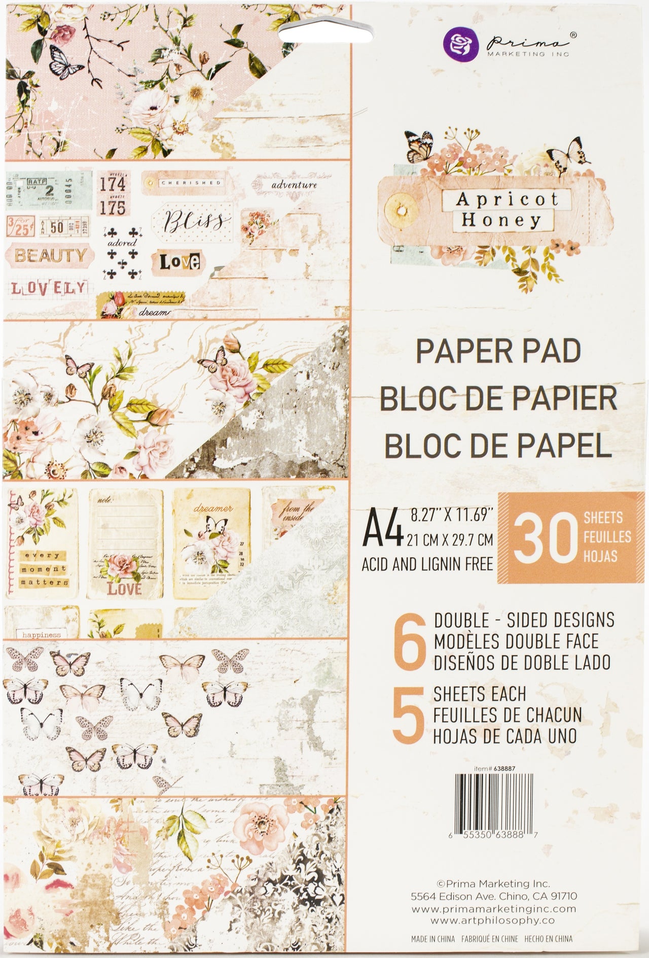 Prima Marketing Double-Sided Paper Pad A4 30/Pkg - Apricot Honey, 6 Designs/5 Each