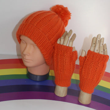 Toddler & Child Aran Fishermans Rib Bobble Beanie & Gloves CIRCULAR
