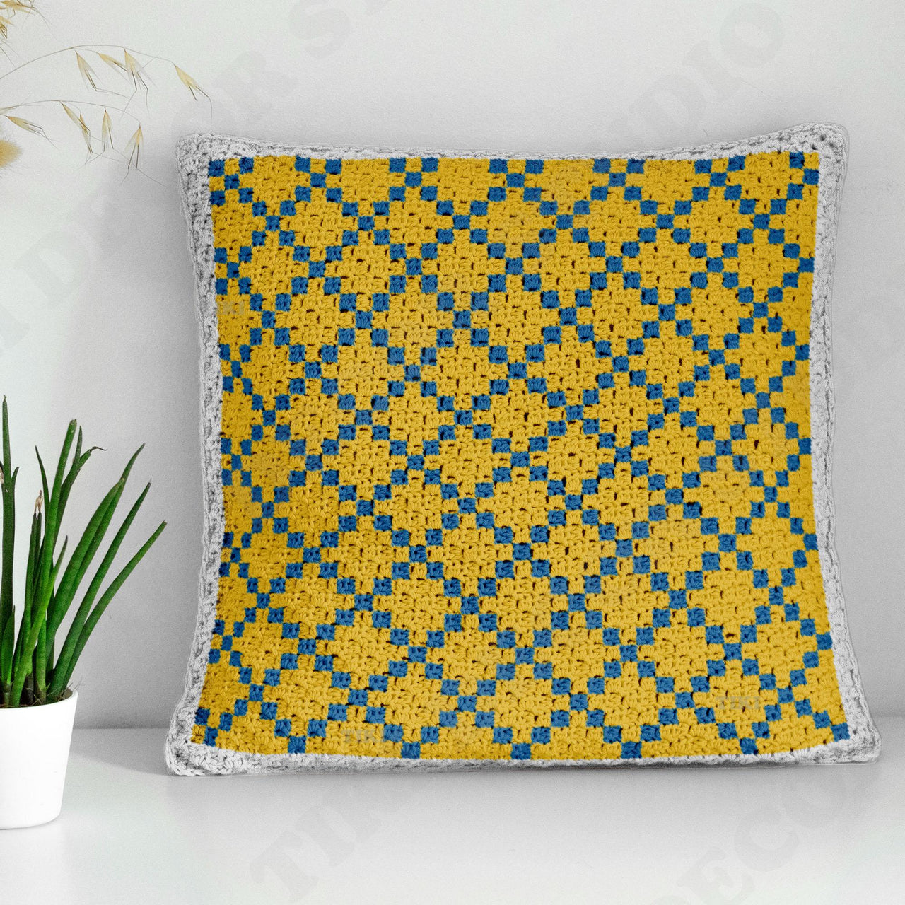 Golden Mosaic Seville Tiles Square Pillow Mini C2C Crochet Pattern