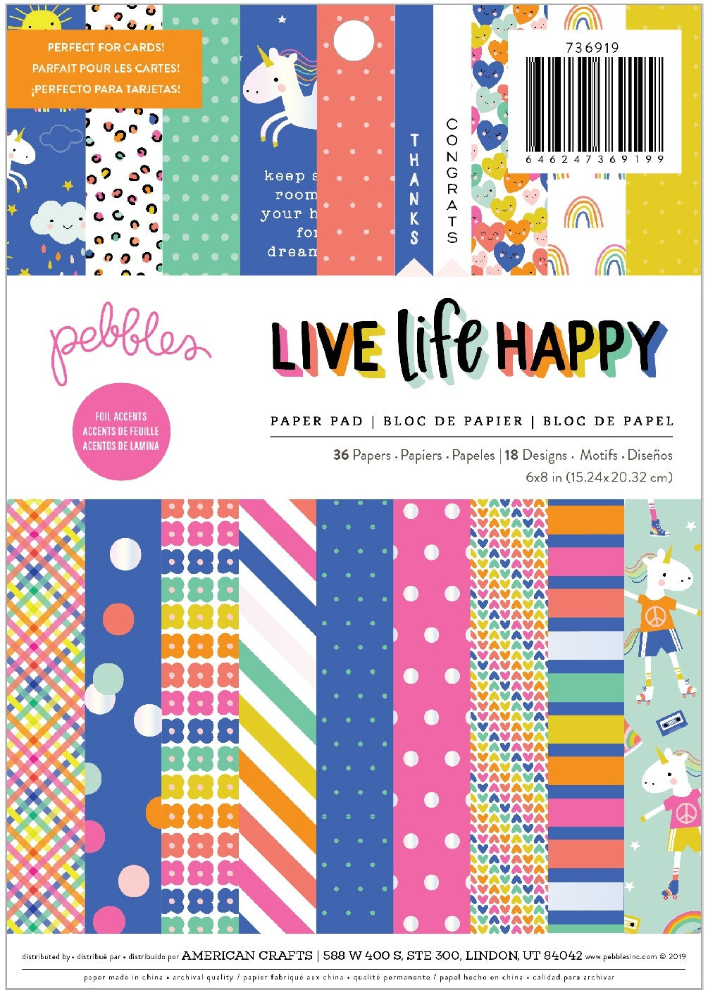 American Crafts Pebbles Single-Sided Paper Pad 6"X8" 36/Pkg - Live Life Happy, 18 Designs/2 Each