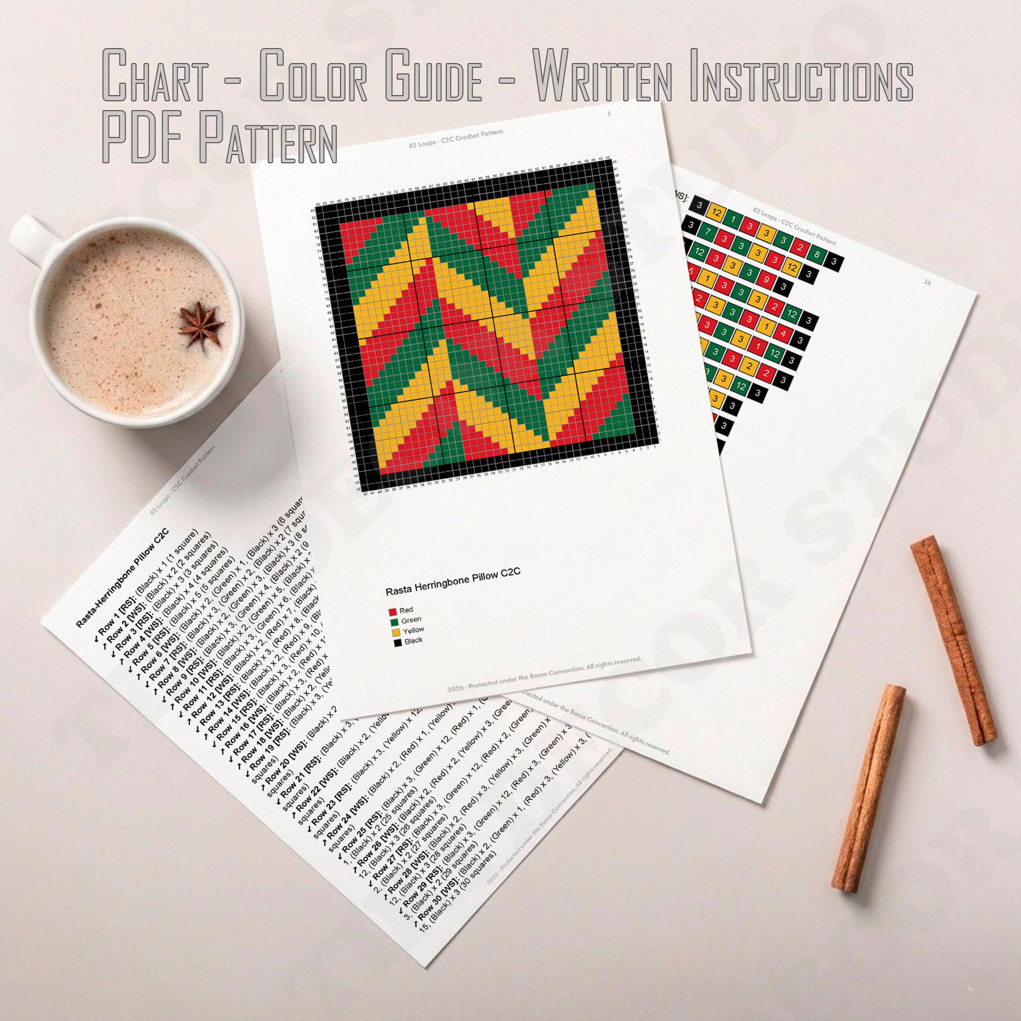 Chevron Bordered Rasta Cushion Herringbone Pillow Mini C2C Diagonal Crochet Pattern