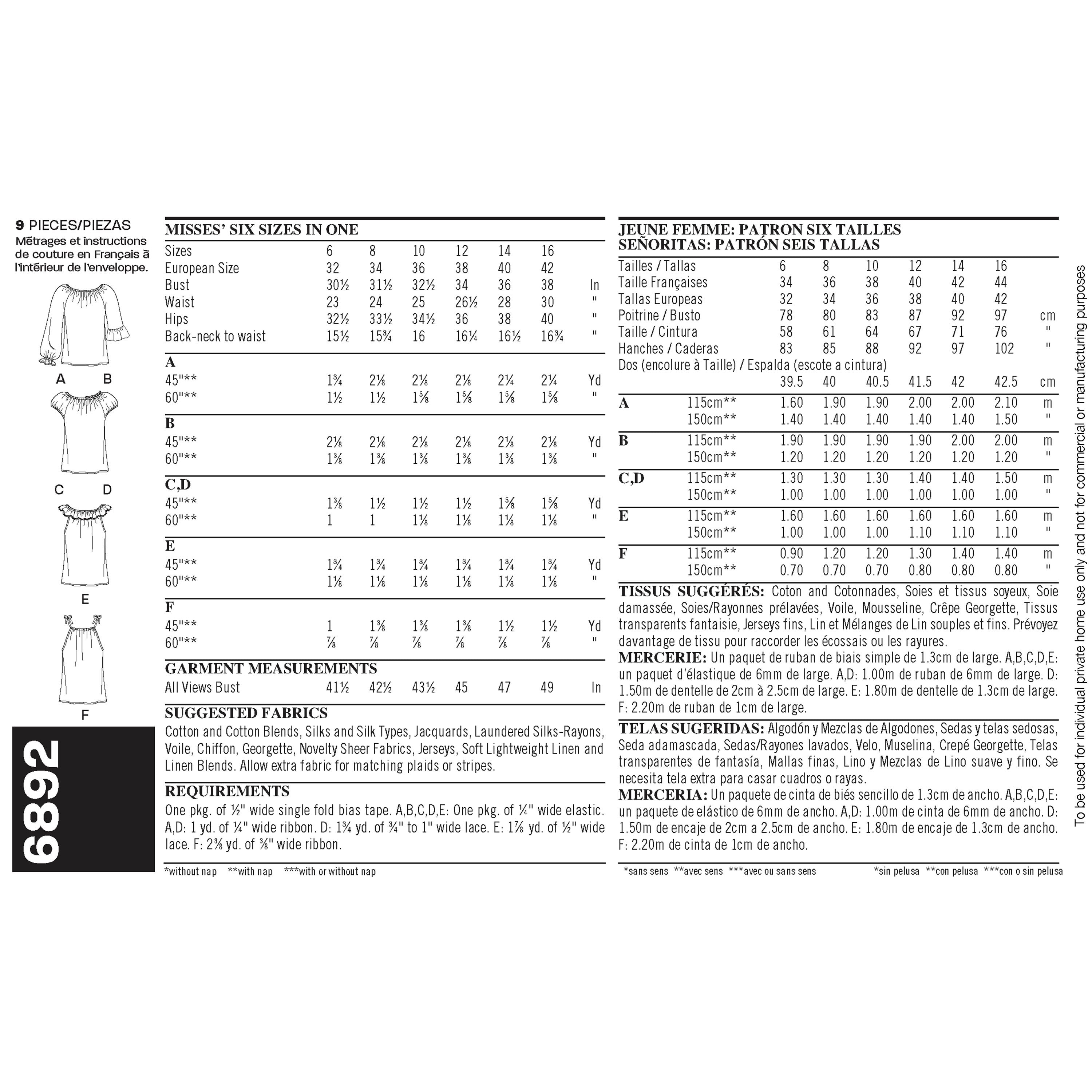 New Look Misses' Tops 6892 - Paper Pattern, Size A 6 8 10 12 14 16