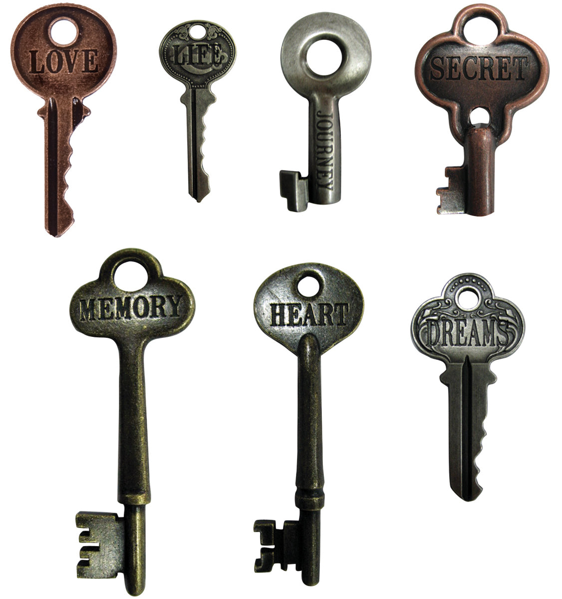 Advantus Idea-Ology Metal Word Keys 1.5" To 3" 7/Pkg - Antique Nickel, Brass & Copper