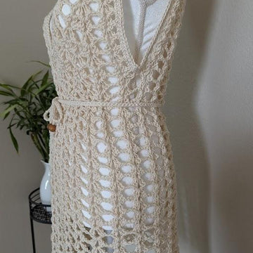 Light Beige Crochet Mesh Dress-Beach Cover-Up