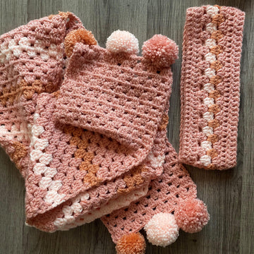 Pom Pom Granny Scarf and Head Band Set