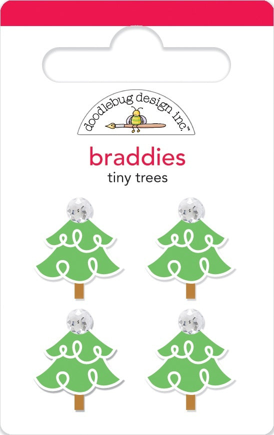Doodlebug Braddies Brads 4/Pkg - Tiny Trees, Christmas Magic