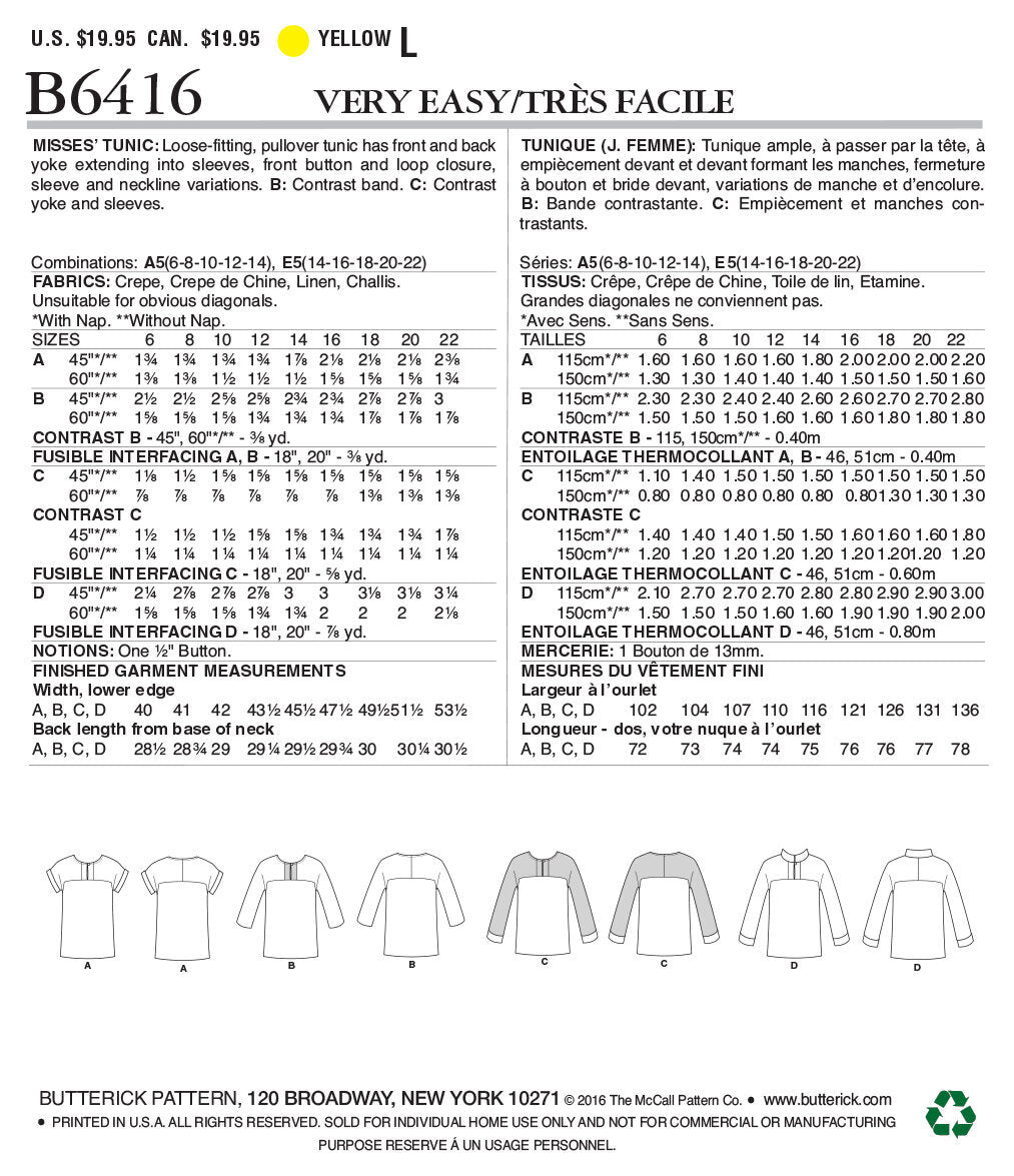 Butterick Misses' Button-Closure Tunics with Yokes B6416 - Sewing Pattern