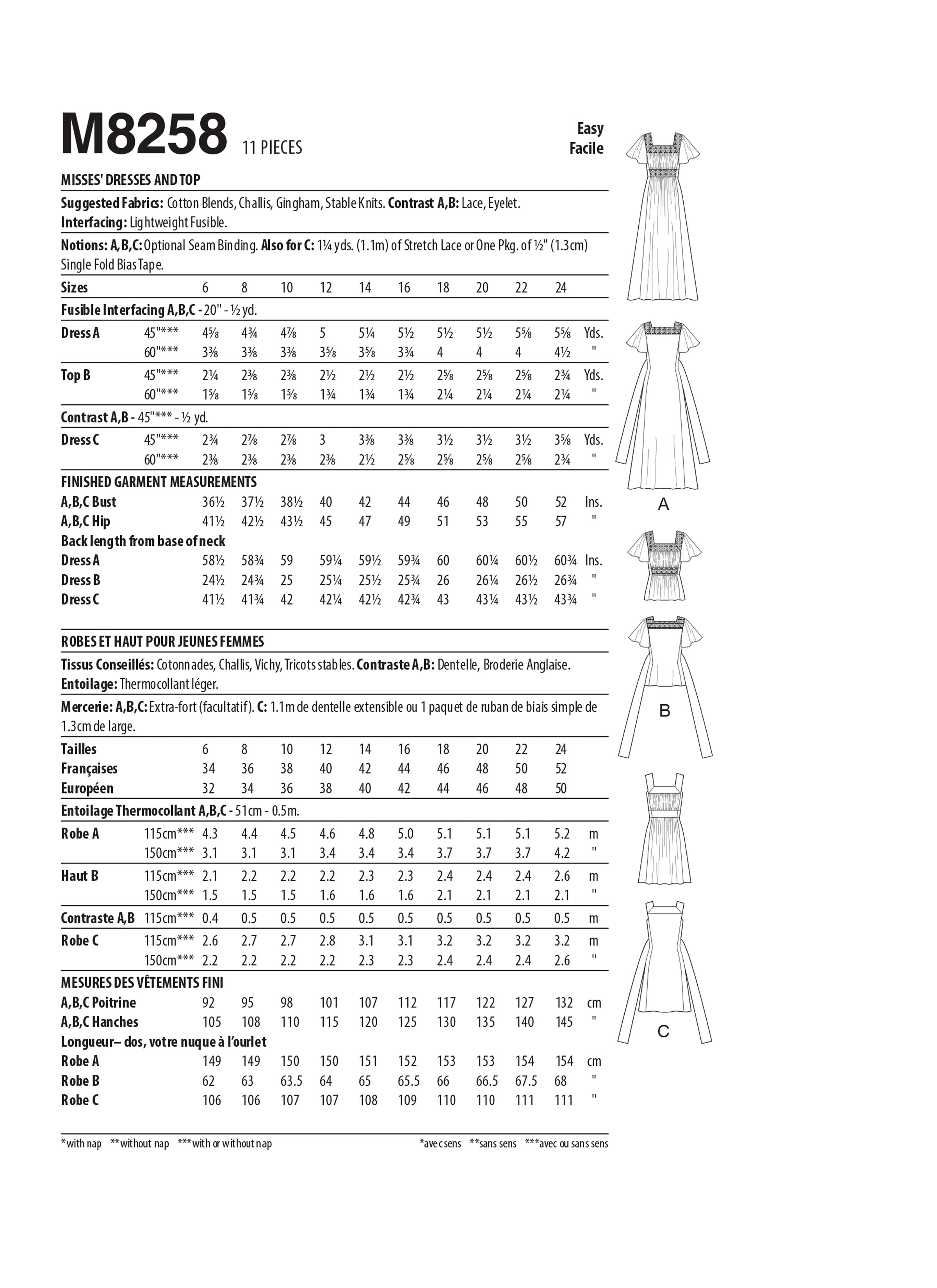 McCall's Misses' Dresses and Top M8258 - Sewing Pattern