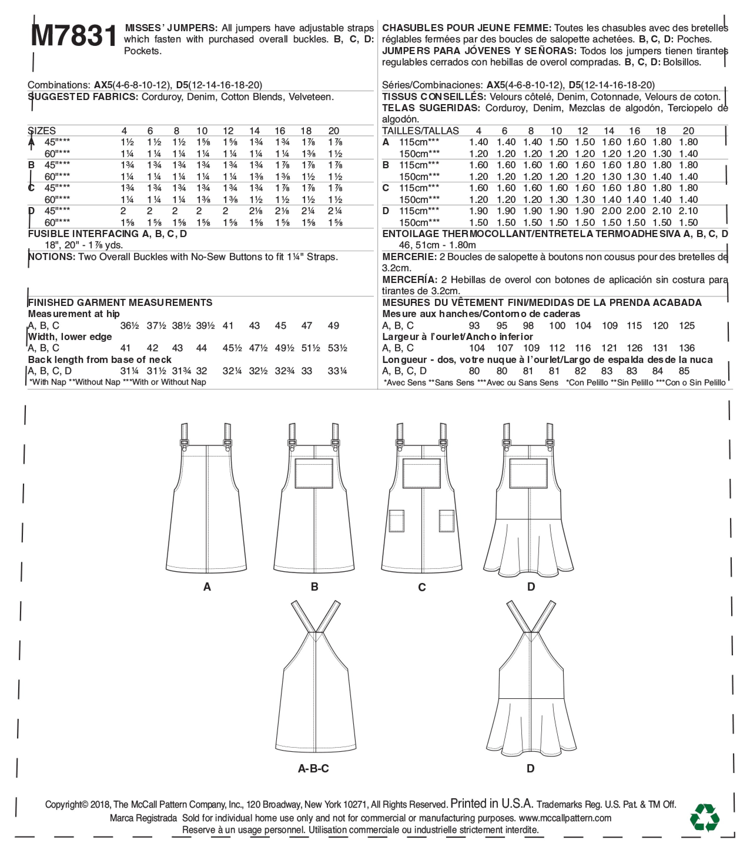 McCall's Misses' Jumpers Dungaree Dress M7831 - Sewing Pattern