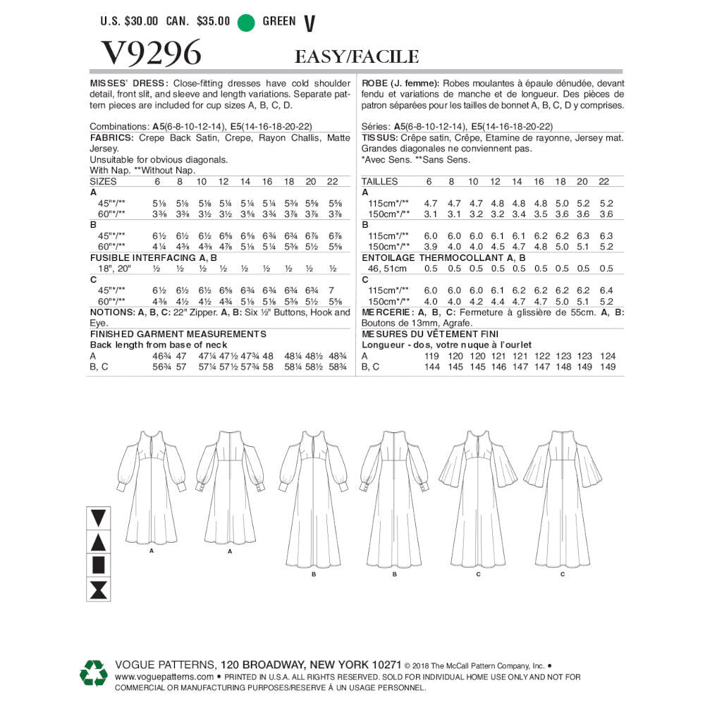Vogue Misses' Dress V9296 - Sewing Pattern