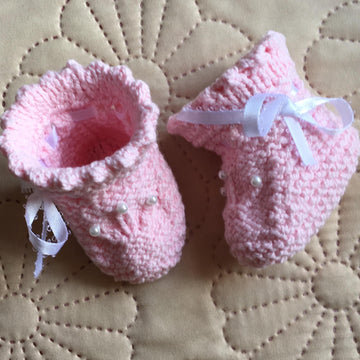 Knit Pink Booties with Pearls
